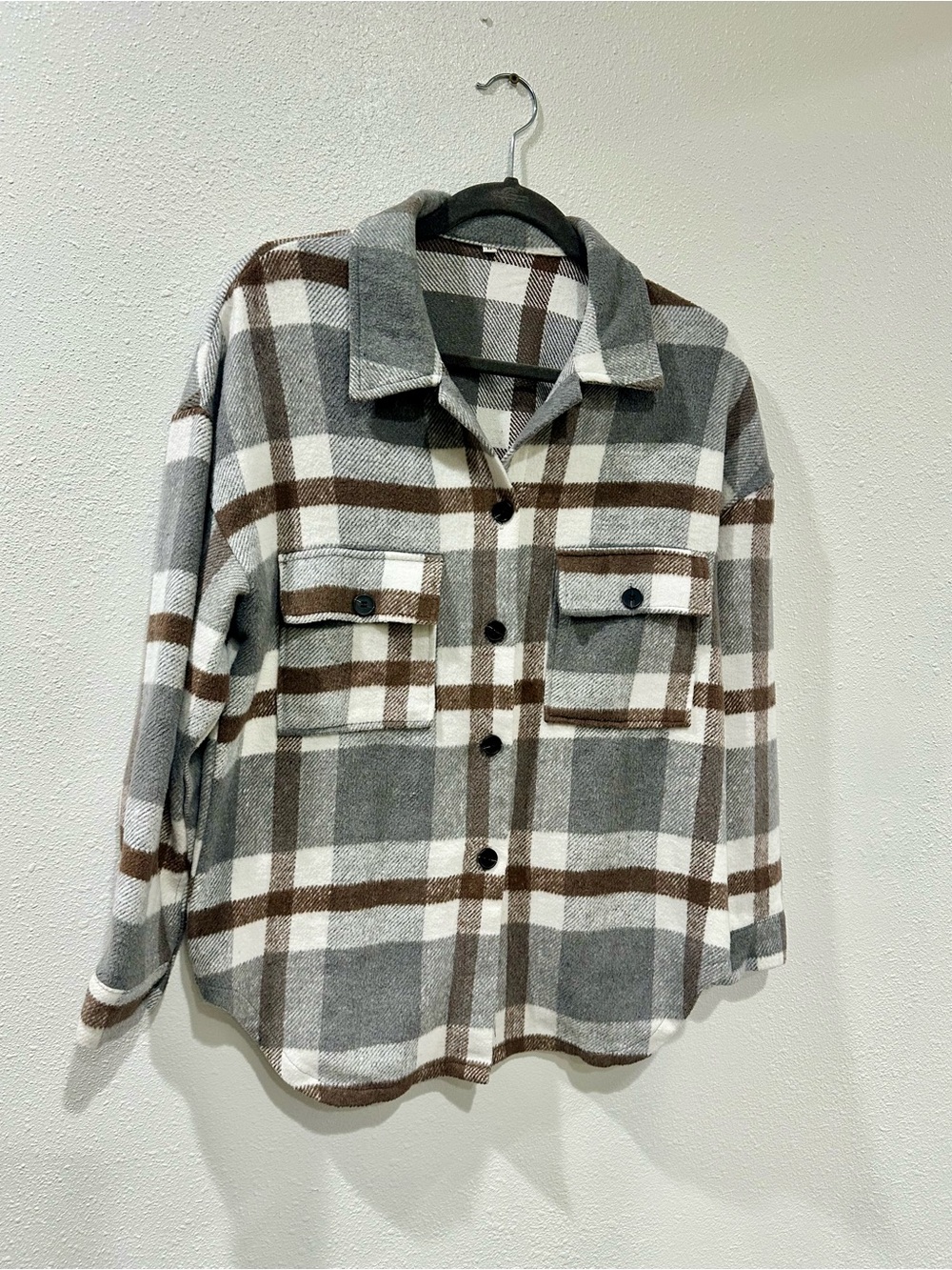 Plaid Button-Up Shacket in Gray, White & Brown